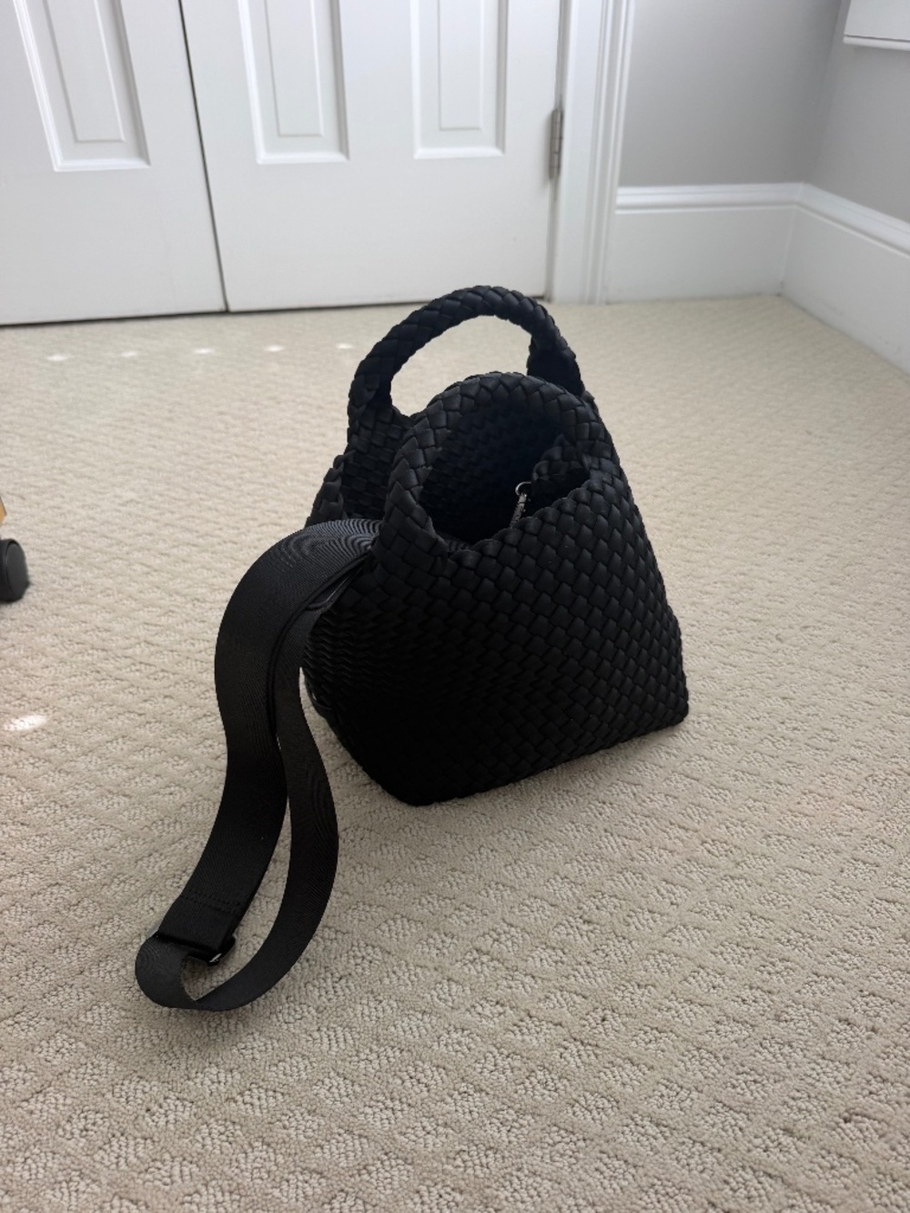 Naghedi St Barths Small Black Woven Neoprene Tote Crossbody Bag Pouch